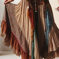 Ursime Boho Patchwork Floral Lace Trim Tiered Maxi Skirt