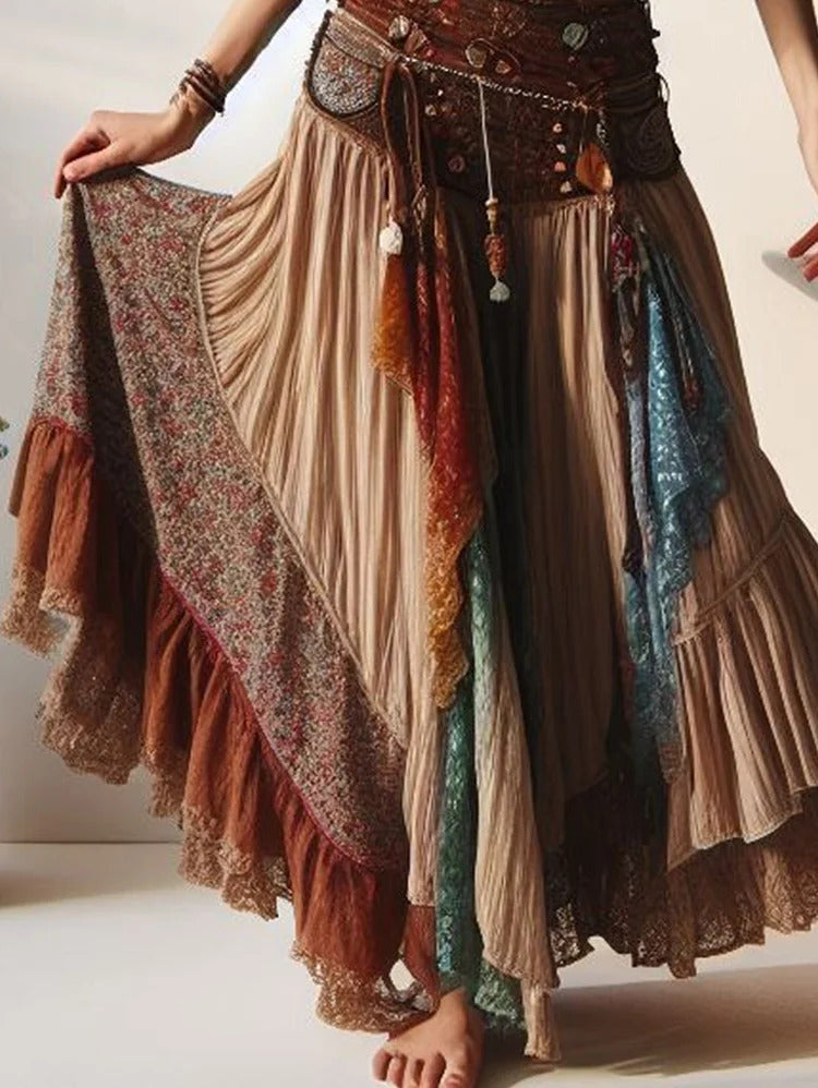 Ursime Boho Patchwork Floral Lace Trim Tiered Maxi Skirt