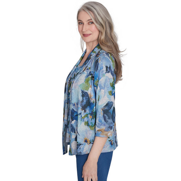 Alfred Dunner Women's Watercolor Floral Melange Two In One Top with Necklace