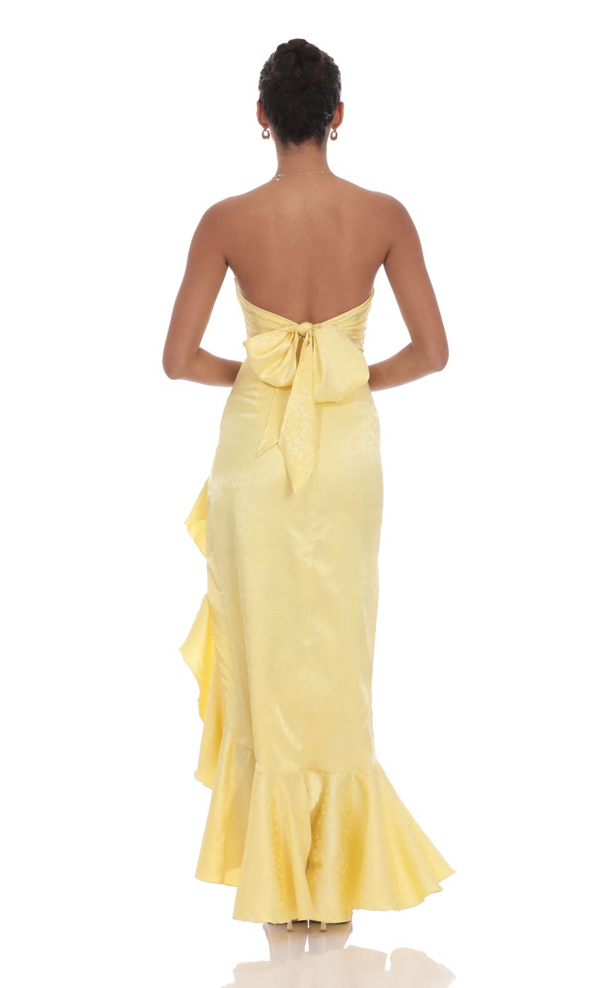 Lucy In The Sky Satin Jacquard Back Bow Corset Maxi Dress in Yellow