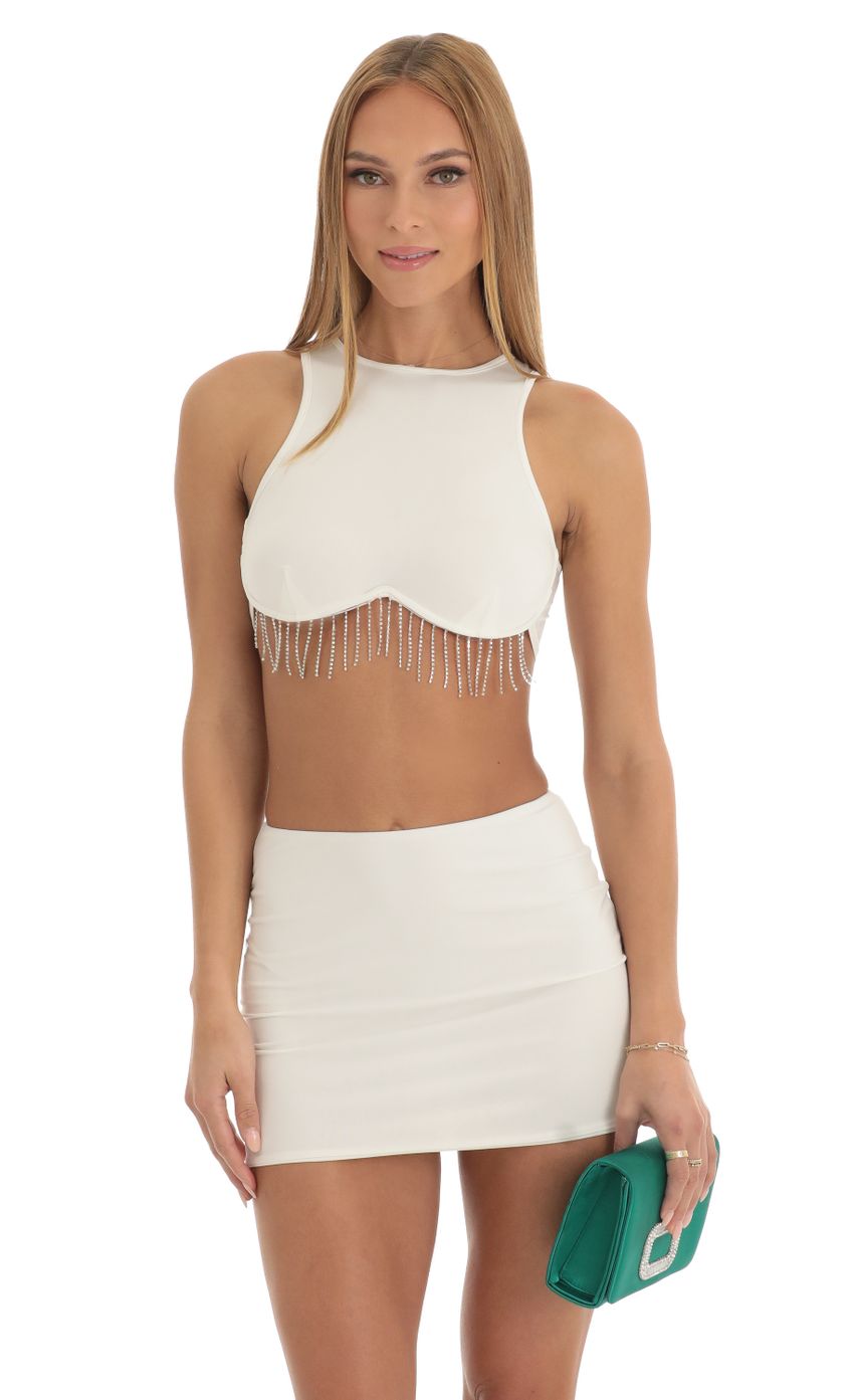 Lucy In The Sky Rhinestone Reverse Sweetheart Two Piece Skirt Set in Cream