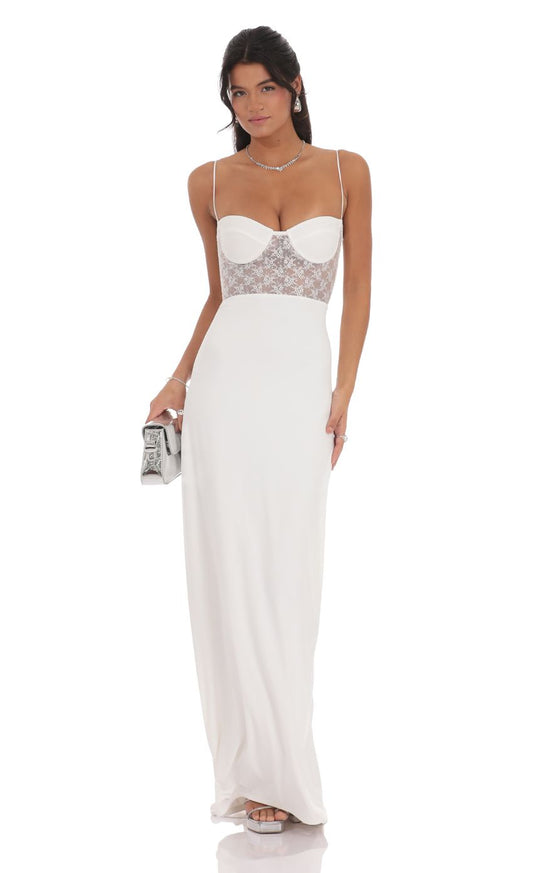 Lucy In The Sky Shimmer Lace Cutout Maxi Dress in White