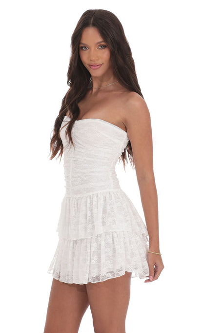 Lucy In The Sky Lace Strapless Ruched Ruffle Dress in White