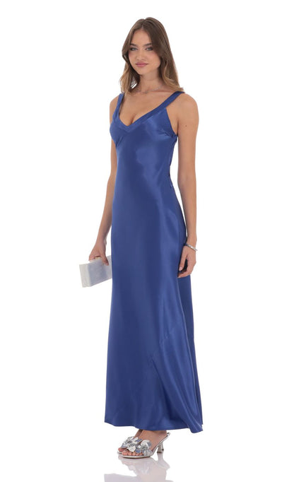 Lucy In The Sky Satin Open Back Maxi Dress in Royal Blue