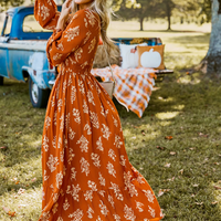 Cupshe Burnt Orange Floral Blouson Sleeve Smocked Waist Maxi Dress