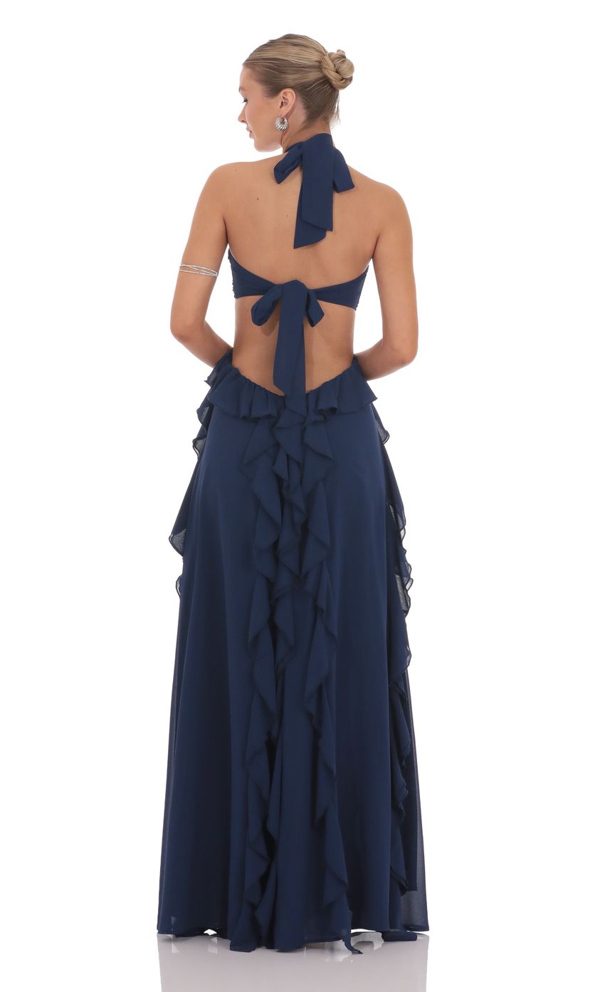 Lucy In The Sky Chiffon Cutout Ruffle Maxi Dress in Navy