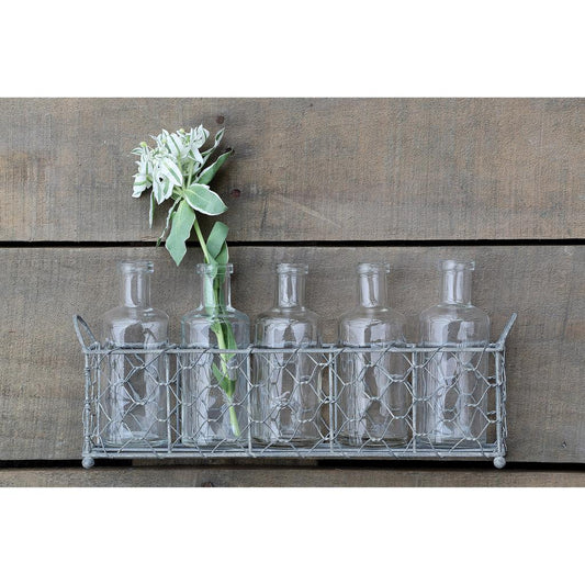 Cracker Barrel 5 Glass Bottle Vases in Wire Baskets