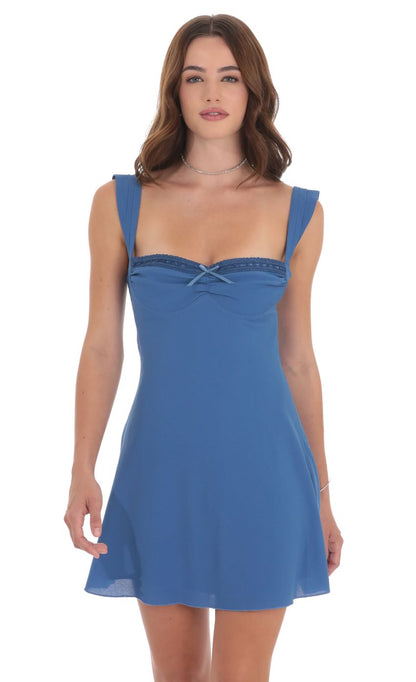 Lucy In The Sky Lace Trim Wide Strap Dress in Blue