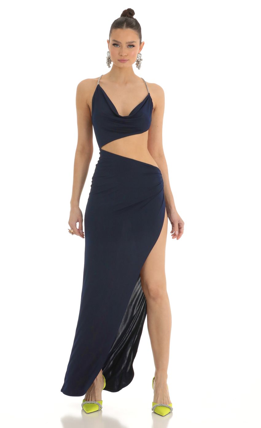 Lucy in the Sky Rhinestone Cutout Maxi Dress in Navy