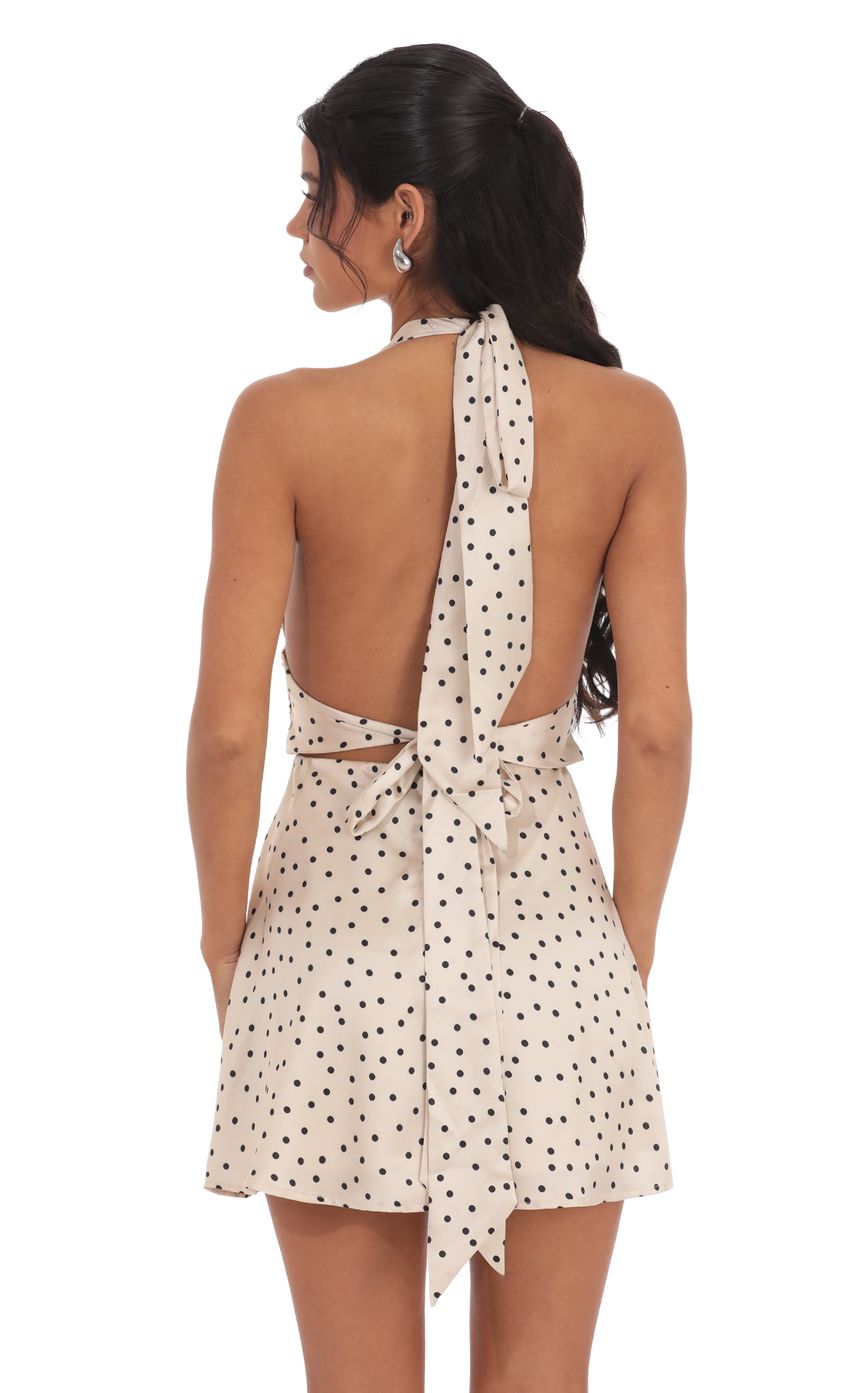 Lucy In The Sky Satin Polka Dot Halter Dress in Beige