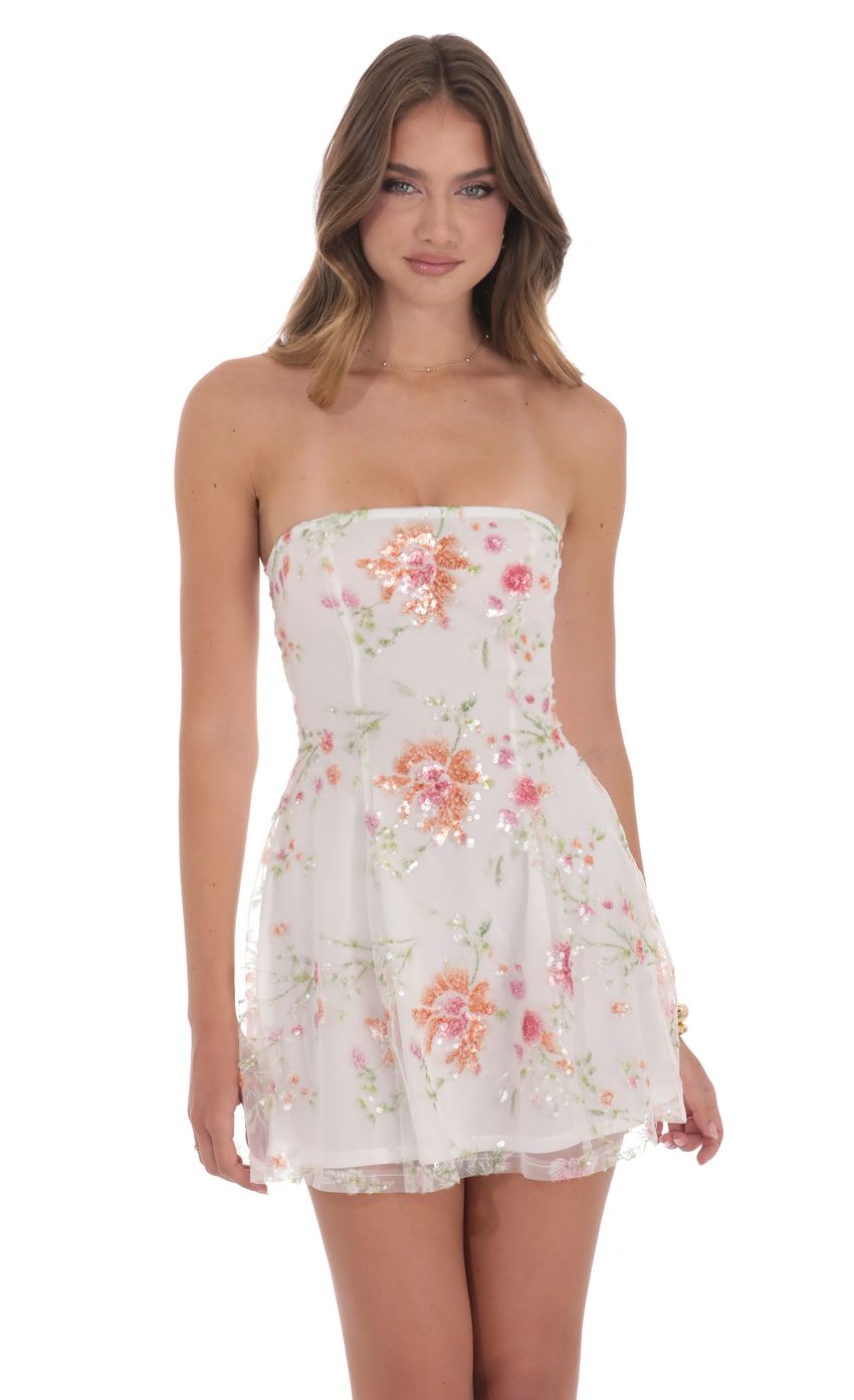 Lucy In The Sky Sequin Floral Strapless Dress in White