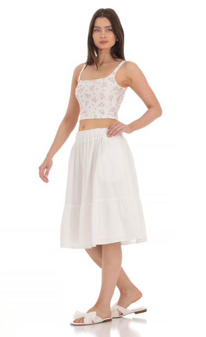 Lucy in the Sky Drawstring Midi Skirt in White