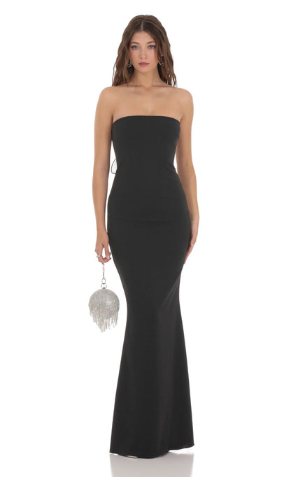 Lucy in the Sky Back Bow Strapless Maxi Dress in Black