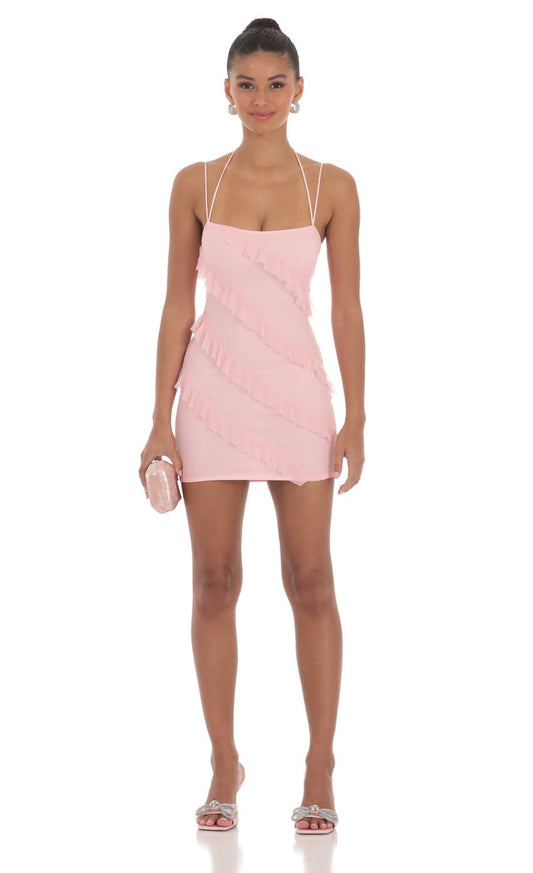 Lucy In The Sky Mesh Ruffle Dress in Pink