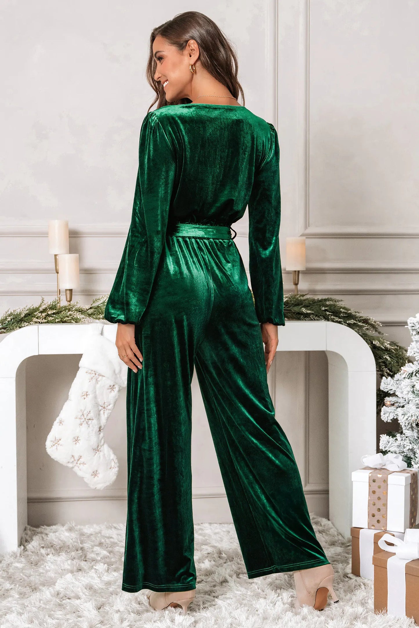 Cupshe Green Velvet Long Sleeve Straight Leg Jumpsuit