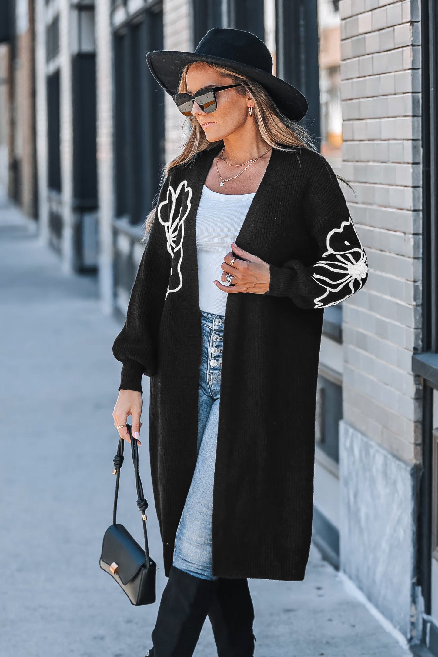 Cupshe Black Floral Open Front Knit Duster