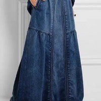 Ursime Casual Elastic Waist Pocket Raw Edge Denim Maxi Skirt