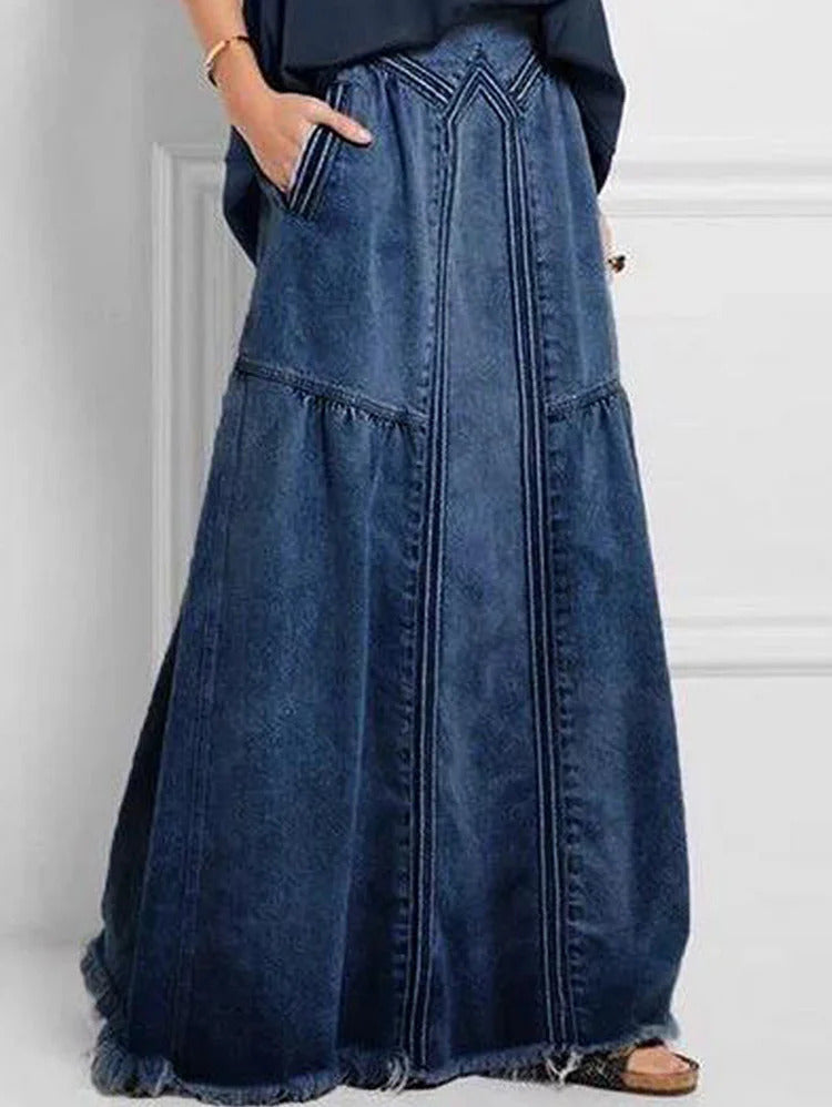 Ursime Casual Elastic Waist Pocket Raw Edge Denim Maxi Skirt