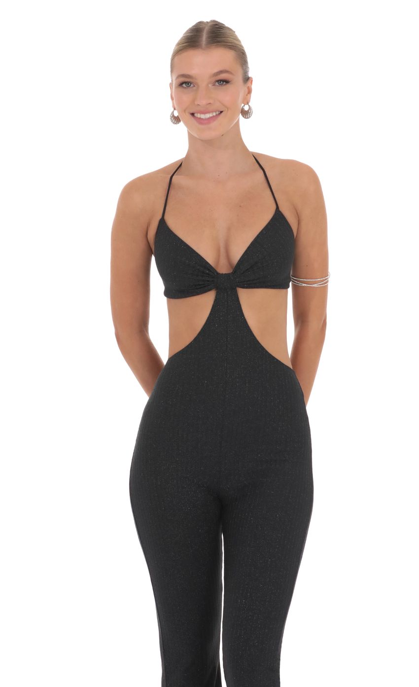 Lucy In The Sky Shimmer Ribbed Cutout Jumpsuit in Black