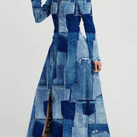 Ursime Denim Print Patchwork Zipper Long Sleeve Maxi Dress