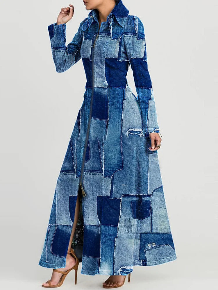 Ursime Denim Print Patchwork Zipper Long Sleeve Maxi Dress