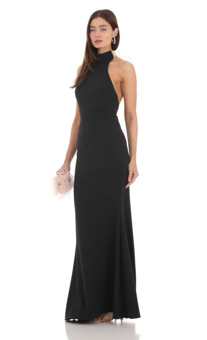 Lucy in the Sky Mock Neck Bow Maxi Dress in Black