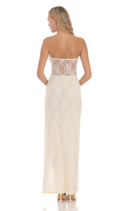 Lucy in the Sky Lace Cutout Strapless Maxi Dress in Cream