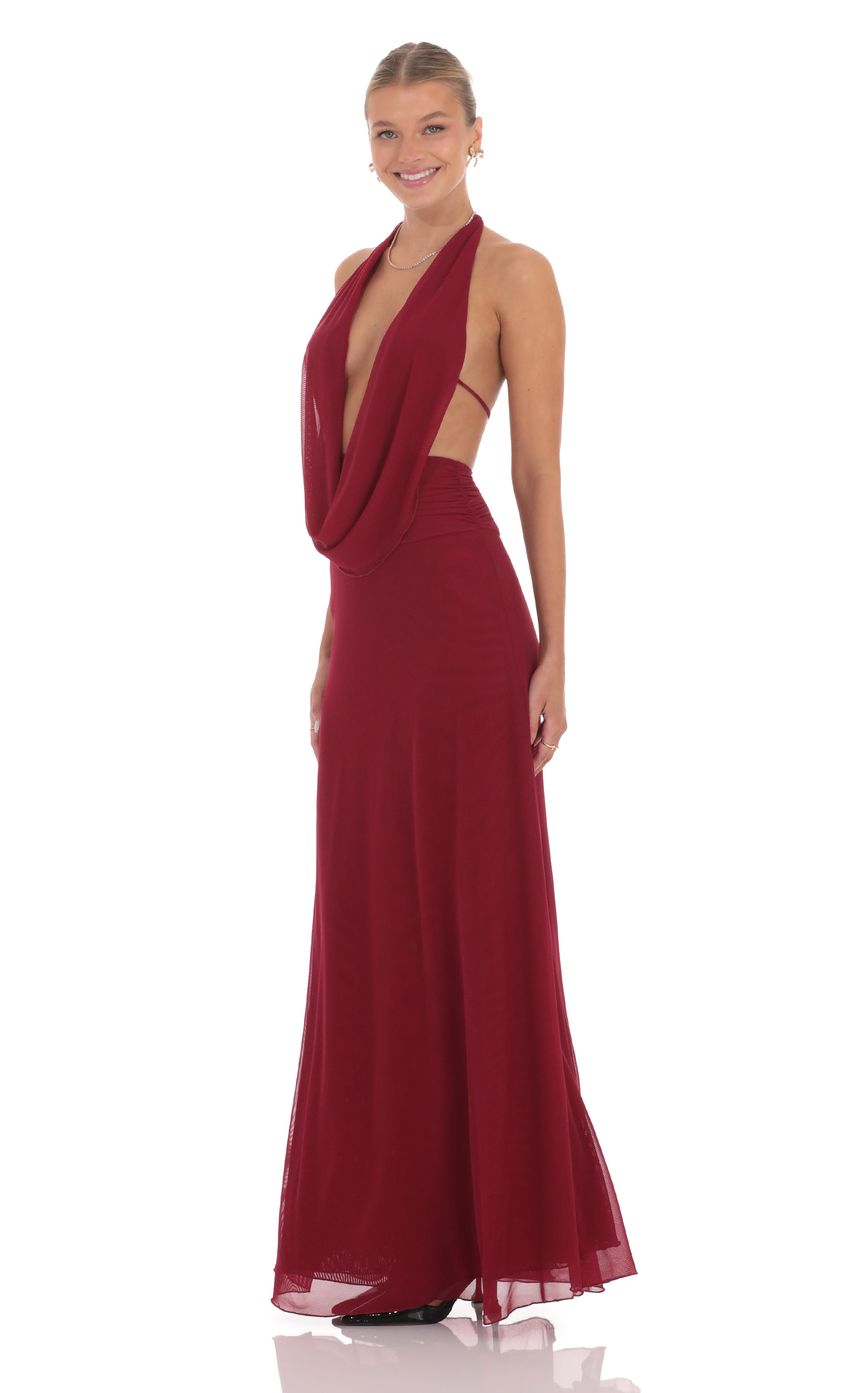 Lucy In The Sky Mesh Plunge Cowl Neck Dress in Maroon