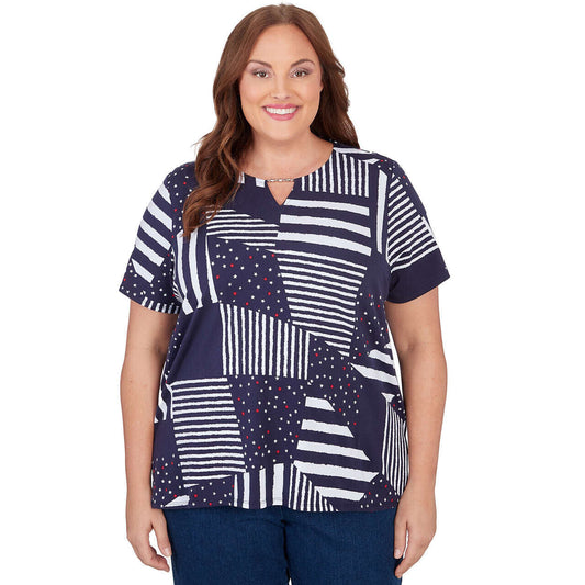 Alfred Dunner Women's Stars And Stripes Split Neck Tee