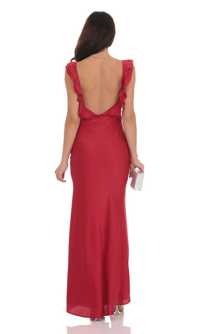 Lucy in the Sky Satin Ruffle Open Maxi Dress in Red