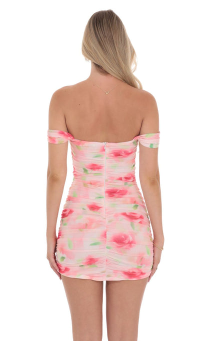Lucy In The Sky Floral Mesh Off Shoulder Bodycon Dress in Pink