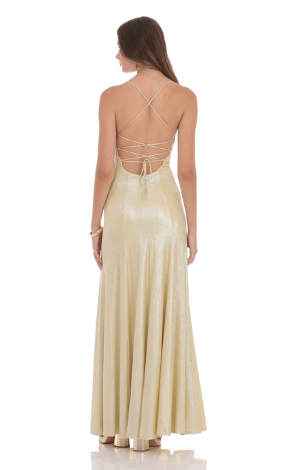 Lucy In The Sky Shimmer Draped Open Back Maxi Dress in Gold