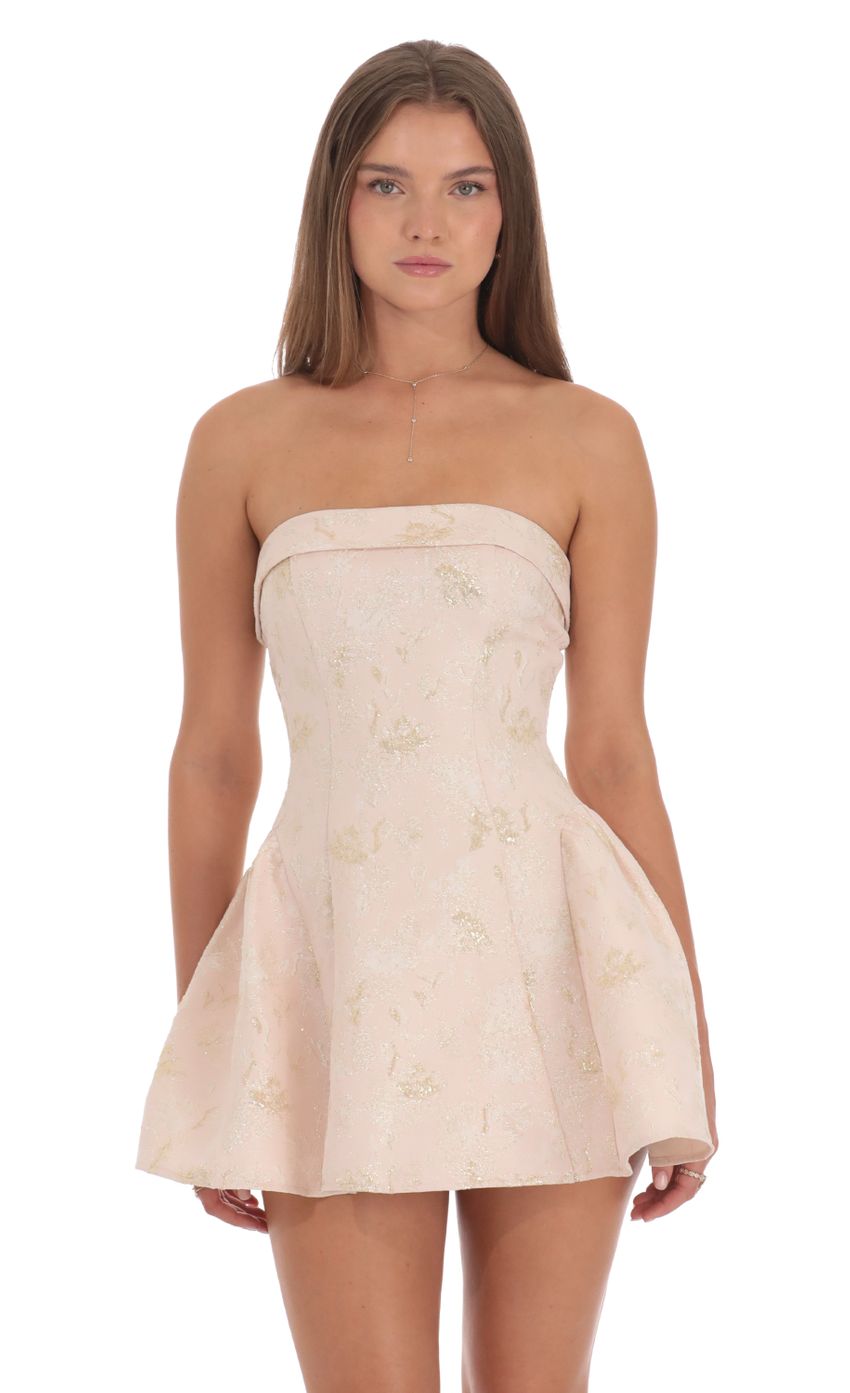 Lucy In The Sky Shimmer Jacquard Strapless Flare Dress in Pink