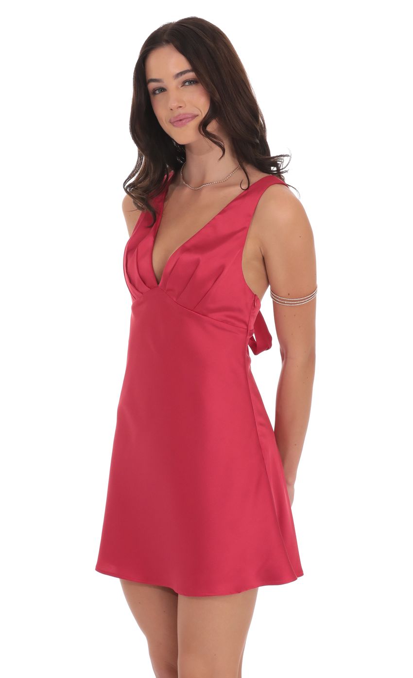 Lucy In The Sky Satin V-Neck Open back Dress in Red