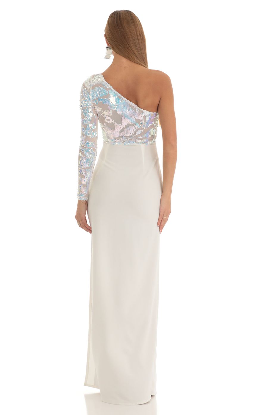 Lucy In The Sky Iridescent Sequin One Shoulder Maxi Dress in White