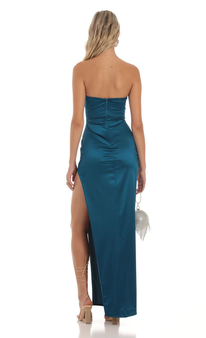 Lucy in the Sky Satin Strapless Maxi Dress in Teal