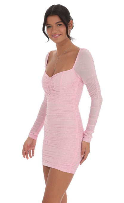 Lucy In The Sky Rhinestone Long Sleeve Bodycon Dress in Pink