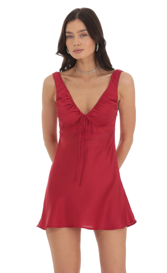 Lucy In The Sky Satin V-Neck Dress in Red