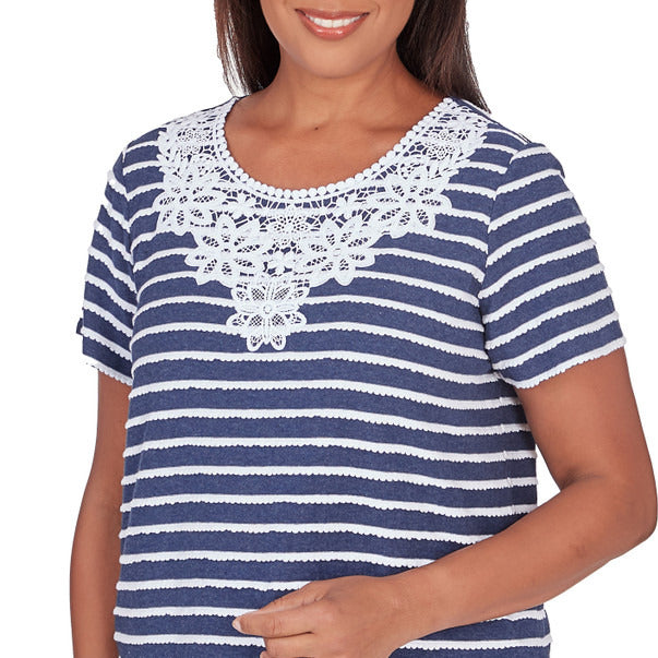 Alfred Dunner Women's Lace Neck Striped Split Hem Tee 2