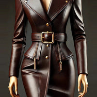 Ursime PU Leather Lapel Button Long Sleeve Belt Mini Dress