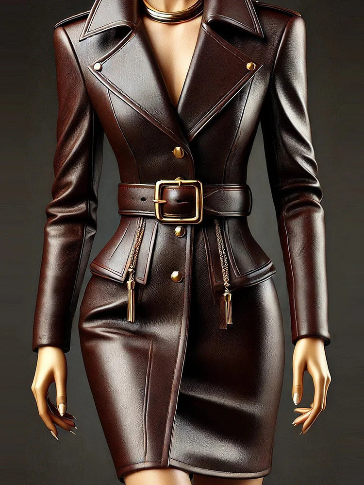 Ursime PU Leather Lapel Button Long Sleeve Belt Mini Dress