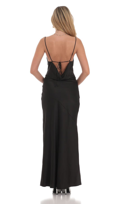 Lucy In The Sky Satin Asymmetrical Cowl Neck Maxi Dress in Black
