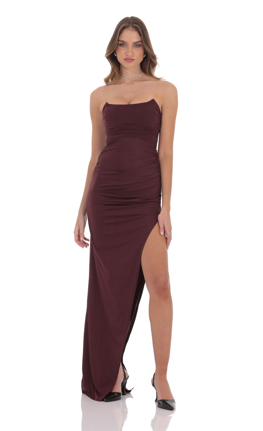 Lucy in the Sky Corset Strapless Maxi Dress in Wine