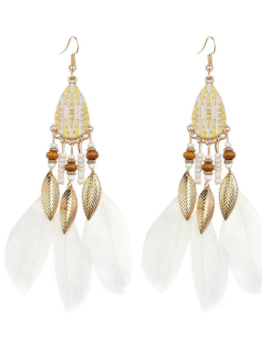 Ursime Retro Feather Decor Beaded Dangle Earrings