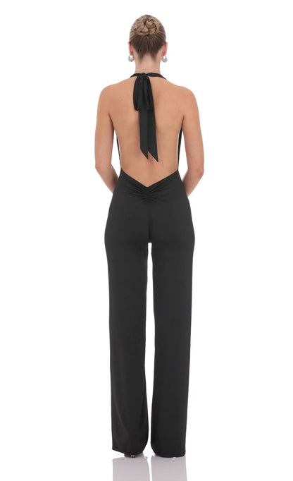 Lucy In The Sky Halter Plunge Neck Jumpsuit in Black