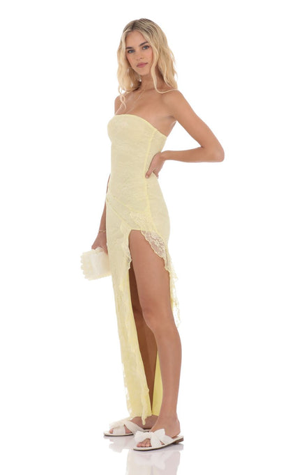 Lucy In The Sky Lace Ruffle Slit Maxi Dress in Yellow