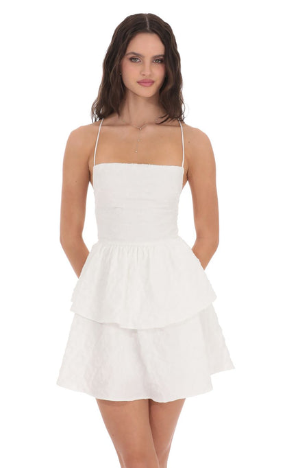Lucy In The Sky Textured Floral Lace Up Dress in White