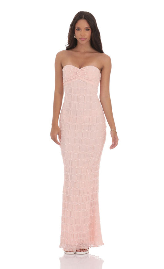 Lucy In The Sky Smocked Strapless Maxi Dress in Pink