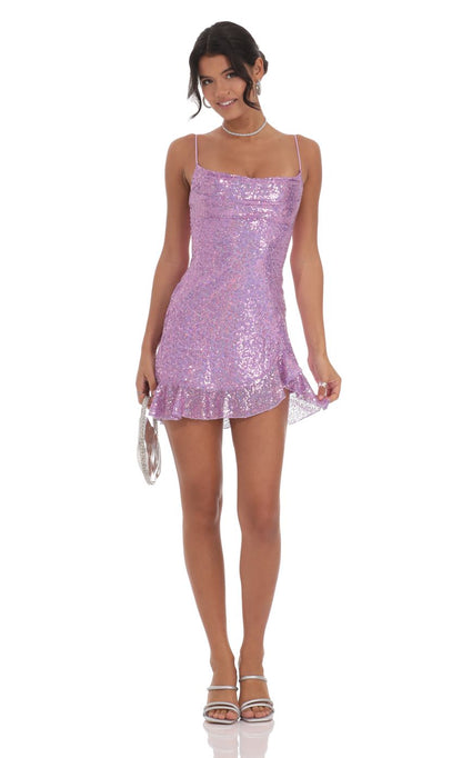 Lucy In The Sky Sequin Ruffled Slit Dress in Lavender