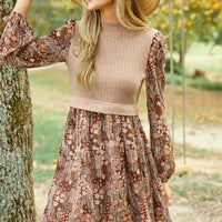 Cupshe Brown Retro Floral Mockneck Long Sleeve Mini Dress